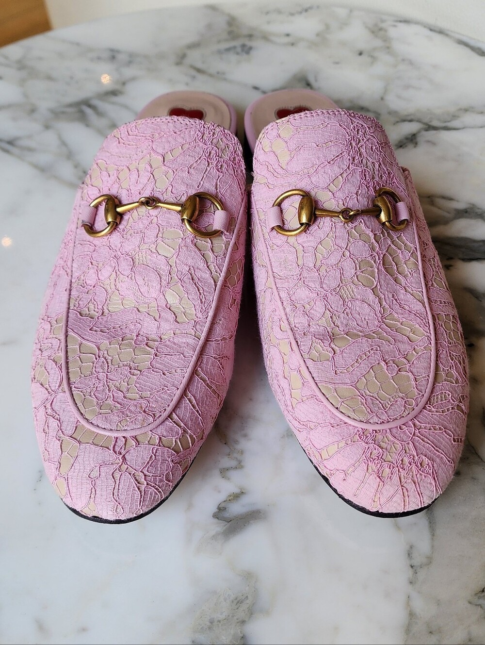 Gucci Pink Lace Horsebit Backless Mules Size 7 - Picture 2 of 9